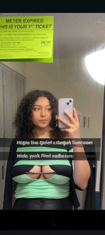there is a woman taking a selfie in a mirror, greasy hair, frizzy hair, in her hair, messy curly hair, hair is the focus, her hair is in a pony tail, curly hair, a black man with long curly hair, her hair is white, text and a pale young woman, her face framed with curls, tessa thompson inspired, Big tits, huge tits , no clothes, sexy, cute, minimal clothes, thick, bbw, chubby stomach, thick nipples, nipple piercings, large areola, hard nipples, piercing through shirt, nipples hard through shirt, busty, major cleavage, naked, ripping through top, spilling over sides, bra too tight, giant , extra wide hips, upper body zoom in, showing off huge , fat stomach, see through top, fat bbw, large areola showing, major cleavage, latina, down to stomach, wide hips, sexy, upper body zoom, thick arm, showing off , top half only, showing only upper, only a bra, showing off cleavage, naked, big showing, big out, no clothes