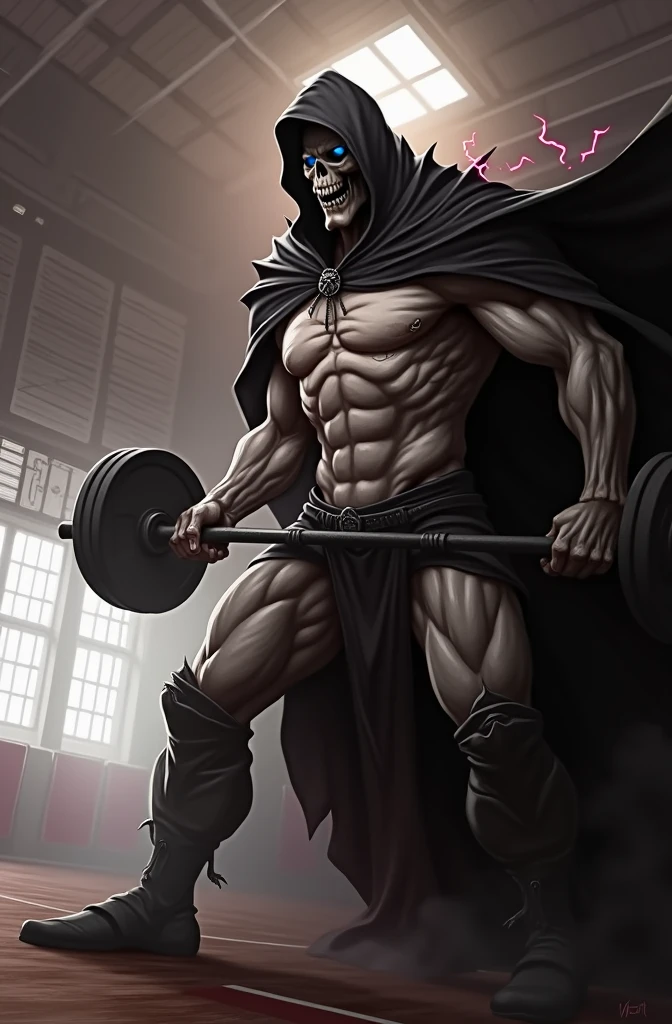 hooded demon in the gym weighing a thousand kilos