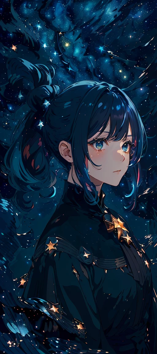 ((artwork)), (((Better quality))), ((Ultra Detailed)), ((illustration)),[Realistic lighting effects], shadow,(Fantasy style),(Starry Sky Ground:1.6), Dark background, illustration, 1 girl, Cunning look, Majestic views (Multicolored hair, Hair gradient, Hair color changed from blue to peach, No bangs, Curls on cheeks, hairstyle: High Ponytail, A long tail), The eyes are crimson, Environmental Change Scene, (The hair is surrounded by the bursts of the galaxy),))):((Your hair turned into a galaxy cloud,:1.27628), Moon at night, Star, Keep your eyes open, eyelash, Look sideways, Crystal Hair, Shiny hair, Collared shirt, galaxy, Additional lighting，Positive posture