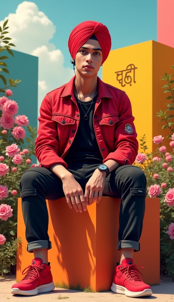 A 16 years Punjabi boy wear a red colour , turban ,siting on cube bold name "RAJU"  , red denim jacket , black cargo jean , , red shoes ,   ,  , realistic, background in flowering. Lighting plant, ear in bluetooth , modern style , 