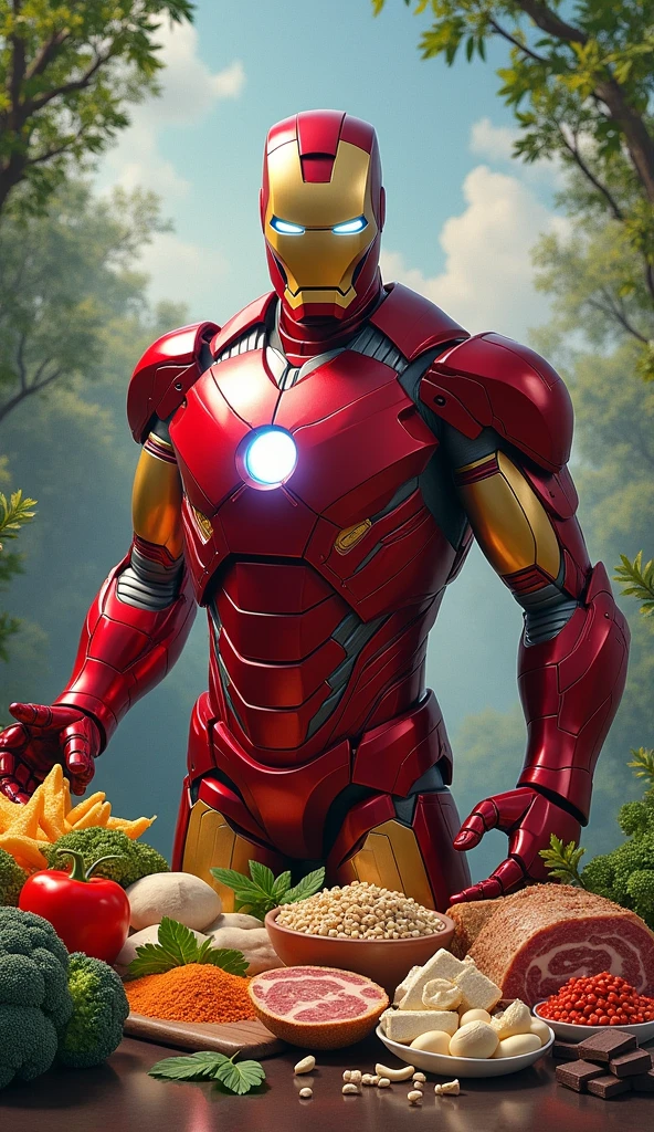 What food to eat when iron deficiency make it as a picture in ratio of (9:16) with the concept of marvel character (iron man with mask) saying.  The foods must have name Minimum 10 foods, it should be more realistic