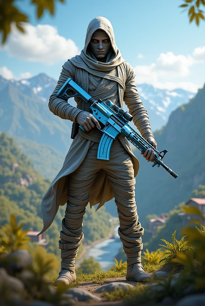 (photorealism:1.2), pubg mobile  mummy suite,holding with m4 glacier,standing behind erangel