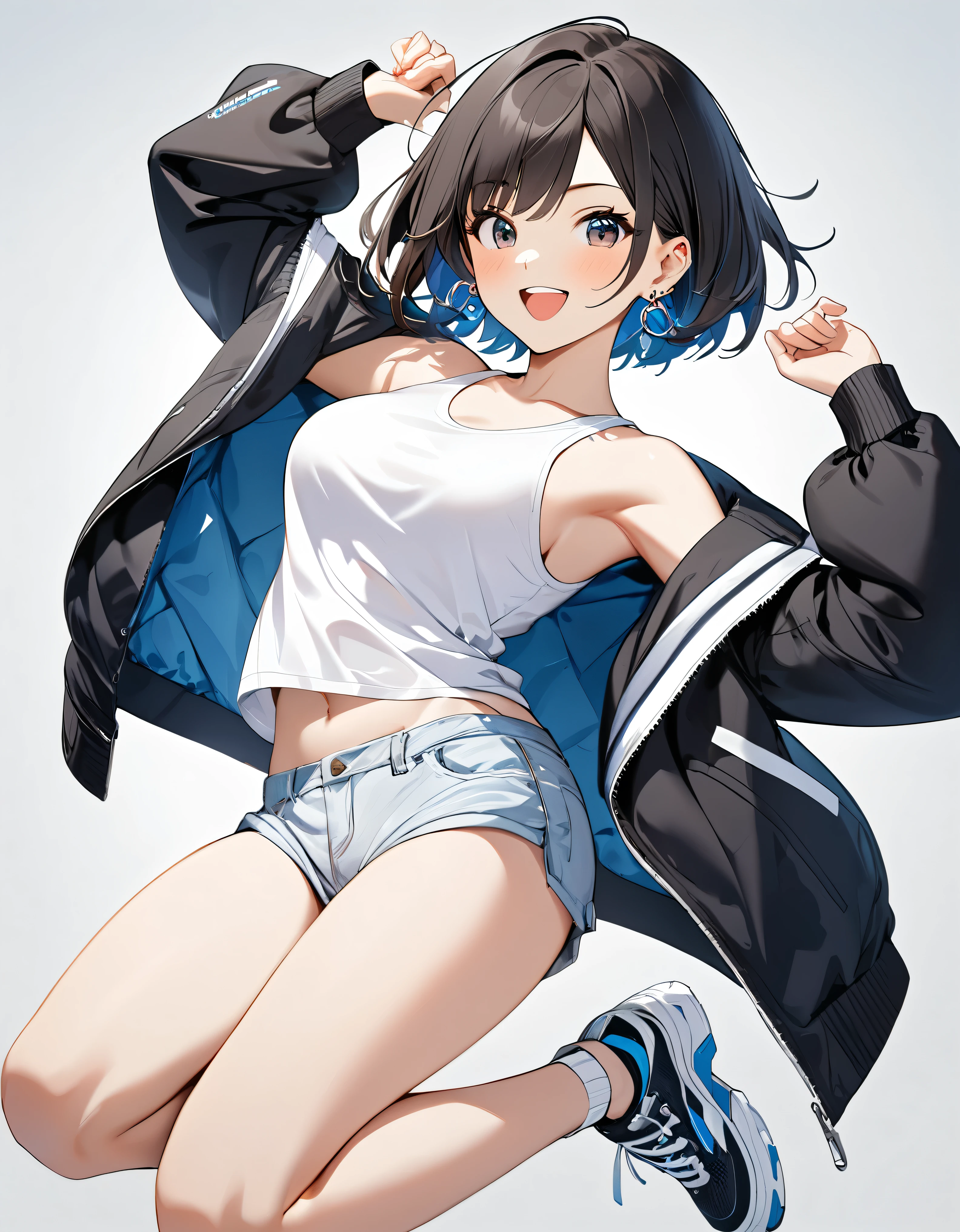1girl, best quality, beautiful, short hair, 8K, act cool pose, jump, happy, jacket, white tanktop inside, earrings, perfect body, concept, full color