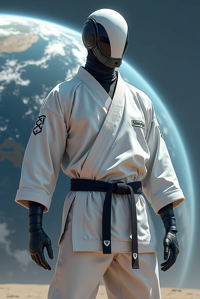 red ant, atomica, jiu jitsu, super heroi, stark, wearing helmet , wearing a white jiu jitsu kimono, long arm sleeve, wearing white pants, black waist belt, with both hands on his waist, pose de heroi, it's not human, planet earth as background, realisitic