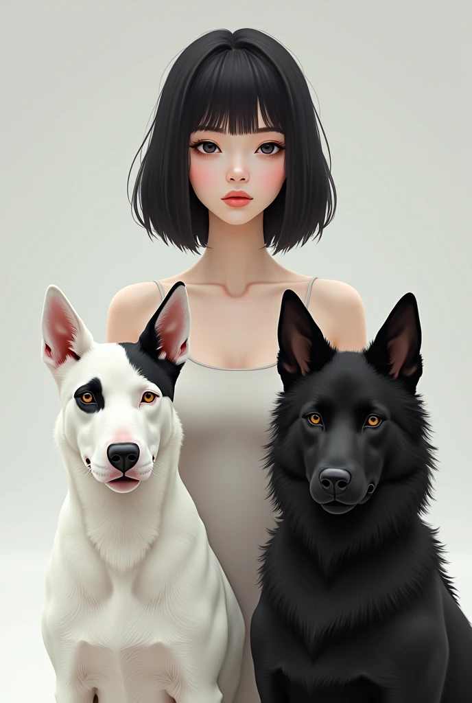 Young woman short straight black hair white complexion with 2 dogs, One is a white English bull terrier with one black ear and the other is a black Calupoh wolfdog.