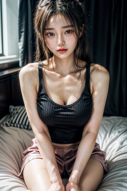 a close up of a woman in a black top and pink skirt, gorgeous young korean woman, gorgeous chinese model, open v chest clothes, beautiful south korean woman, korean girl, beautiful asian girl, she is wearing a black tank top, black top, beautiful young korean woman, japanese model, chinese girl, asian girl, an asian woman, wearing a cute top, wearing a glasses, wearing shorts