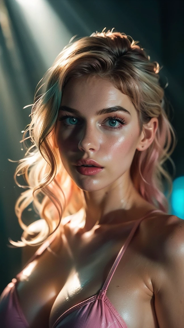 (((ultra realistic))) Photo, masterpiece, top quality, (pale skin), (Ultra detailed face and eyes:1.3), 1 girl, Adult, in a bikini ((Eye makeup, pink mascara)), ((large detailed lips)), ((pink wavy hair)), ((Stylish hairstyle)) , (Natural breasts), (Slim waist). ((Posing)), photoshoot, (Soft) Lighting, (The play of light and shadows), depth of field, bokeh, (special attention to skin detail: 1.2), Detailed leather texture, skin pores. (Erotic atmosphere of the frame. Color scheme - turquoise, Yellow, Blue, Tons), UDR, ((Film grain)), ((rays)), (Glare), ((waist up portrait)) , ultra detialed, 