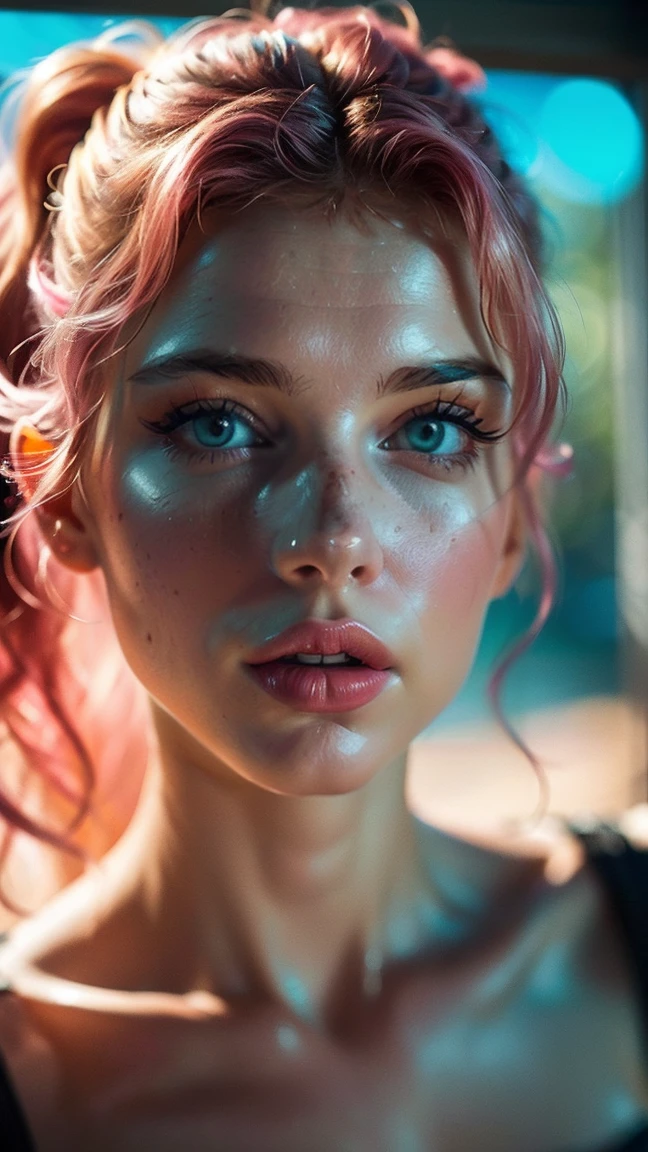 (((ultra realistic))) Photo, masterpiece, top quality, (pale skin), (Ultra detailed face and eyes:1.3), 1 girl, Adult, in a bikini ((Eye makeup, pink mascara)), ((large detailed lips)), ((pink wavy hair)), ((Stylish hairstyle)) , (Natural breasts), (Slim waist). ((Posing)), photoshoot, (Soft) Lighting, (The play of light and shadows), depth of field, bokeh, (special attention to skin detail: 1.2), Detailed leather texture, skin pores. (Erotic atmosphere of the frame. Color scheme - turquoise, Yellow, Blue, Tons), UDR, ((Film grain)), ((rays)), (Glare), ((waist up portrait)) , ultra detialed, 