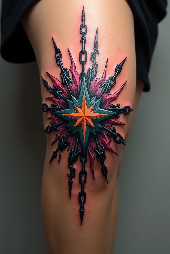 a star knee tattoo design with lightnings and chains around it