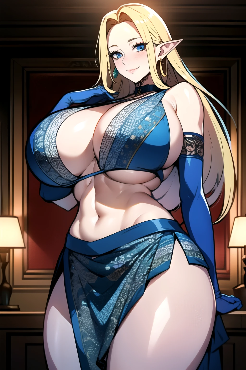 ultra realistic 8k cg, masterpiece, ((ultra detailed background, intricate detail, highly detailed, fine details best quality, hyperdetailed face)), gigantic breasts ,beautiful lighting, absurdres, BoaHancockV2, 1girl, solo, (blond hair), long hair, jewelry, closed mouth, ), cleavage, (arabian dancer outfit : 1.1), (underboob : 1.4), elbow gloves, thigh boots, miniskirt, bare shoulders,, bare shoulders, curvy, midriff, curvy, thighs, shiny clothes), blue eyes, complex detailed background, indoor, palace), ((cowboy shot)), curvy, (gigantic breasts: 1.1), seductive smile, cowboy shot, earrings, jewelry, elf ears