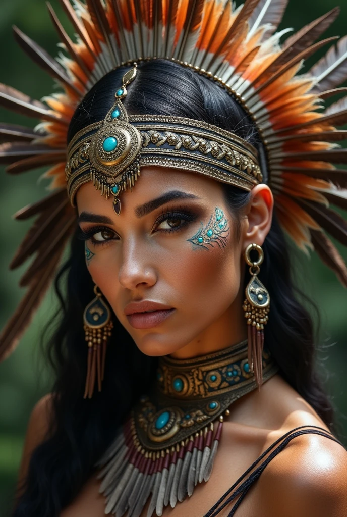 a close up of a woman wearing a feather touched and feathers, tribal style, aztec princess portrait, beautiful detailed body and face, tribal makeup, wearing a native american choker, : native american shamen fantasy, traditional beauty, tribal face paint, Beautiful costume, Aztec warrior goddess, touched, jeweled touched, ornate touched, native american