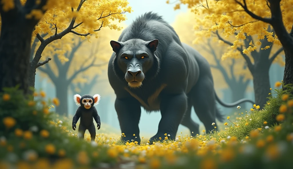 Front view,There is a wild beast in the osmanthus forest,Ape with white ears standing and walking,(best quality,4K,8k,High level,masterpiece:1.2),Ultra Detailed,(lifelike,Photo real,Photo real:1.37)