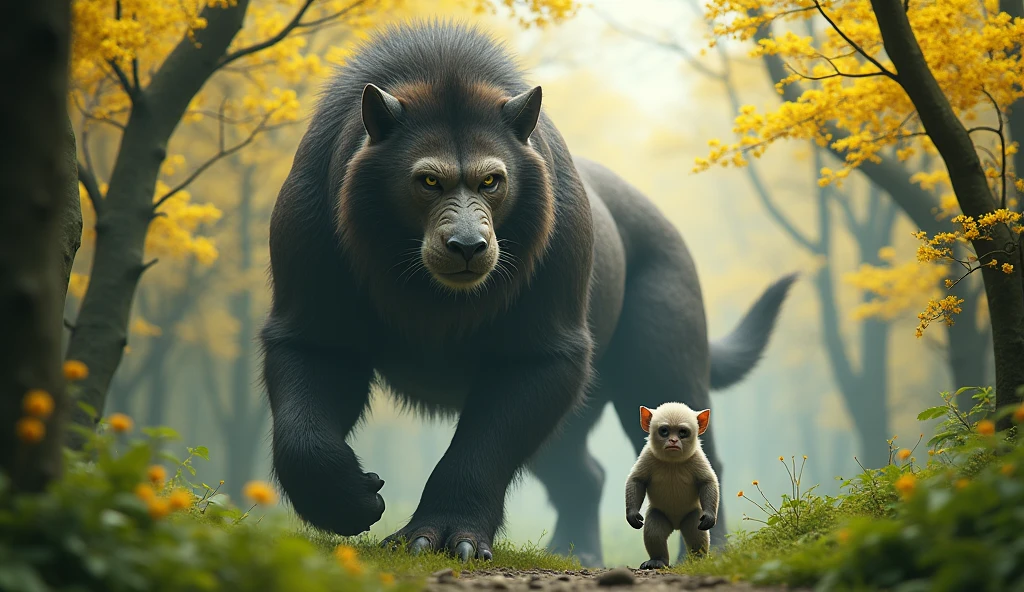 Front view,There is a wild beast in the osmanthus forest,Ape with white ears standing and walking,(best quality,4K,8k,High level,masterpiece:1.2),Ultra Detailed,(lifelike,Photo real,Photo real:1.37)