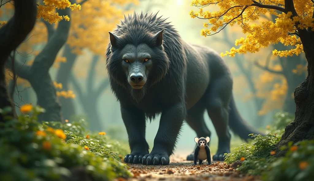 Front view,There is a wild beast in the osmanthus forest,Ape with white ears standing and walking,(best quality,4K,8k,High level,masterpiece:1.2),Ultra Detailed,(lifelike,Photo real,Photo real:1.37)