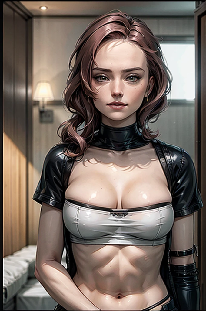 A adult girl in realistic portrait of high quality and detail, anime style, 20 years old, Nicole Demara (Zenless Zone Zero), Daisy Ridley face, She has long pink hair tied back in two ponytails with black bows and a clip on her bangs, light green eyes, multicolored nails. She is wearing short black shorts, a short white top, a long black sock on her left foot, black boots, separate black sleeves, pale skin, european girl, medium breast, happy look, glow, eye shadow, 1girl, Depth & Perspective, smiling face, fine face, She's standing from behind in the bedroom, indoors, bed in the background, daylight, clouds, blue sky, She's watching from behind, back look, (ultra-high detail:1.2), Masterpiece, Best Quality, Ultra-detailed, Cinematic lighting, 8K, delicate features, cinematic, 35 mm lens, f/1.9, highlight lighting, global lighting –uplight –v 4, cinematic, Cinematic lighting, 8K, high quality, Highest Quality, (Solo Focus), (extremly intricate:1.3), (Realistic), masterful, Analog style, (Film grain:1.5), (cold tone),