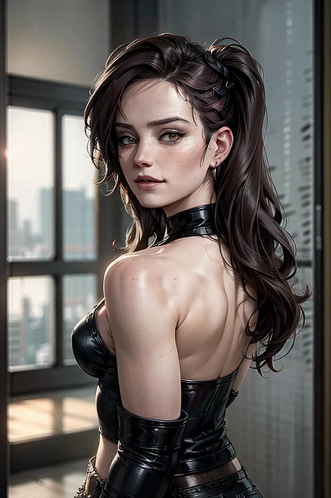 A adult girl in realistic portrait of high quality and detail, anime style, 20 years old, Nicole Demara (Zenless Zone Zero), Daisy Ridley face, She has long pink hair tied back in two ponytails with black bows and a clip on her bangs, light green eyes, multicolored nails. She is wearing short black shorts, a short white top, a long black sock on her left foot, black boots, separate black sleeves, pale skin, european girl, medium breast, happy look, glow, eye shadow, 1girl, Depth & Perspective, smiling face, fine face, She's standing from behind in the bedroom, indoors, bed in the background, daylight, clouds, blue sky, She's watching from behind, back look, (ultra-high detail:1.2), Masterpiece, Best Quality, Ultra-detailed, Cinematic lighting, 8K, delicate features, cinematic, 35 mm lens, f/1.9, highlight lighting, global lighting –uplight –v 4, cinematic, Cinematic lighting, 8K, high quality, Highest Quality, (Solo Focus), (extremly intricate:1.3), (Realistic), masterful, Analog style, (Film grain:1.5), (cold tone),