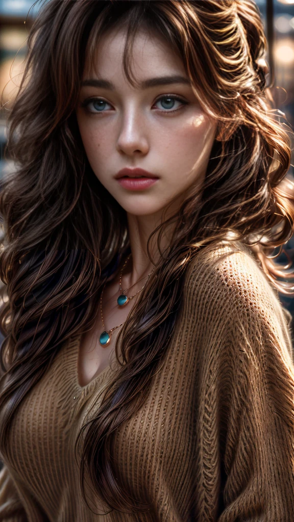 ((Ultra-realistic photos, ultra-high quality, 8k)), Portrait,1woman,23yo, actor,beautiful,Sad eyes,female skin, natural skin, realistic skin, Messy Wavy Brown Lob ,actress,charm,empty neck sweater,minimal design necklace,female pose,looking straight ahead,
Background,coffee shop, (light bulb:0.45)