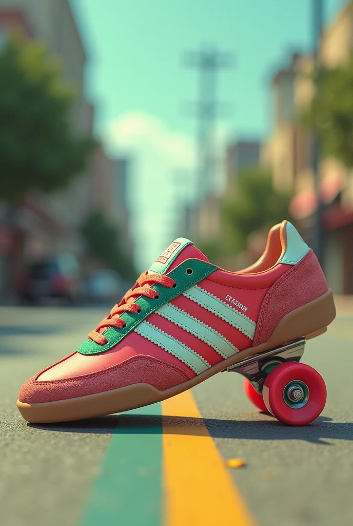 An 80s style shoe, with pastel shades like red and green, low reed. Leather and suede materials, with an urban background, that the image looks like an advertisement from the 80s in shades. Next to accessory wheels for you to turn skates 