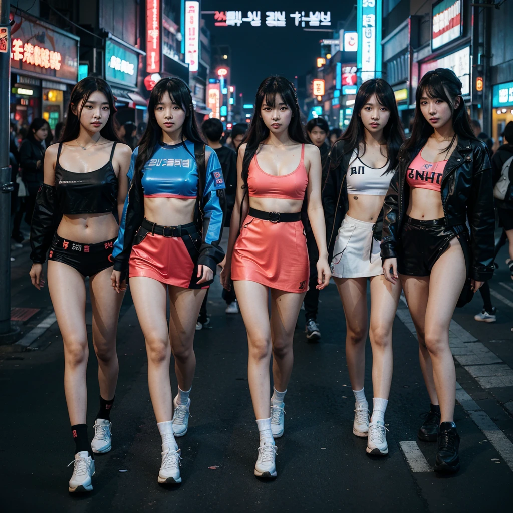 5 Korean Girls Dressed in Cyberpunk Outfits, only the part from the waist up appears, in a neon city 