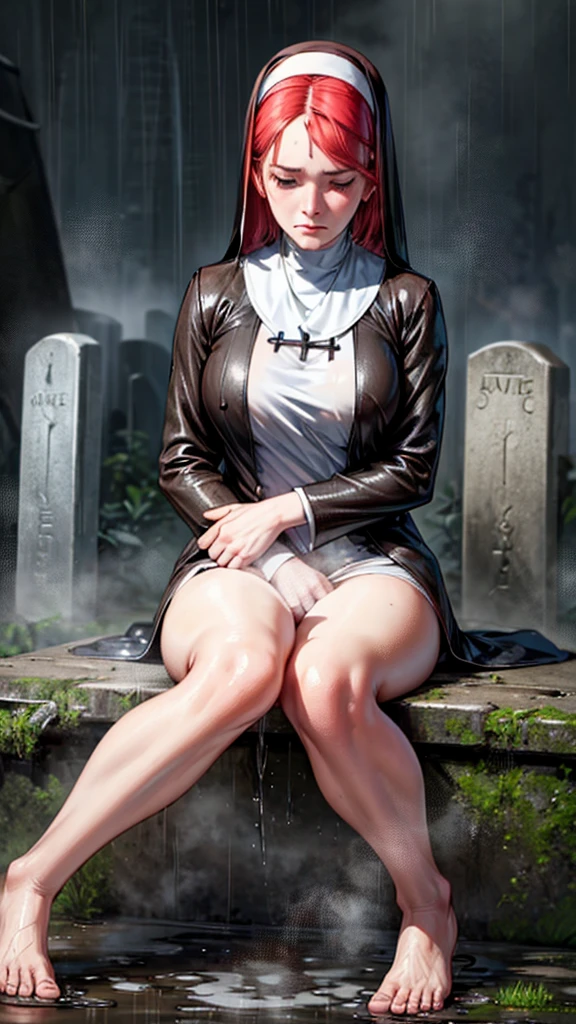 ((highest quality)), ((masterpiece)), (be familiar with), Perfect Face, (High definition), (Best Shadow), 8k, cinematic, (Realistic:1.4),dramatic, ((A nun hugging a tombstone)), ((Covered in mud:1.2)), (Red hair), ((extra short hair)), (Eyes closed), (Mouth open), (Anguished expression:1.1), (Pure white skin:1.1), Voluptuous body, (Large Breasts:1.1), Narrow waist, BIG ASS, Alluring, Soaked and torn robes, barefoot, Rain on the skin, Boneyard, Boneyard, (heavy rain:1.4), Heavy rain in the middle of the night, (steam:1.4), Top-down view, Bust Shot