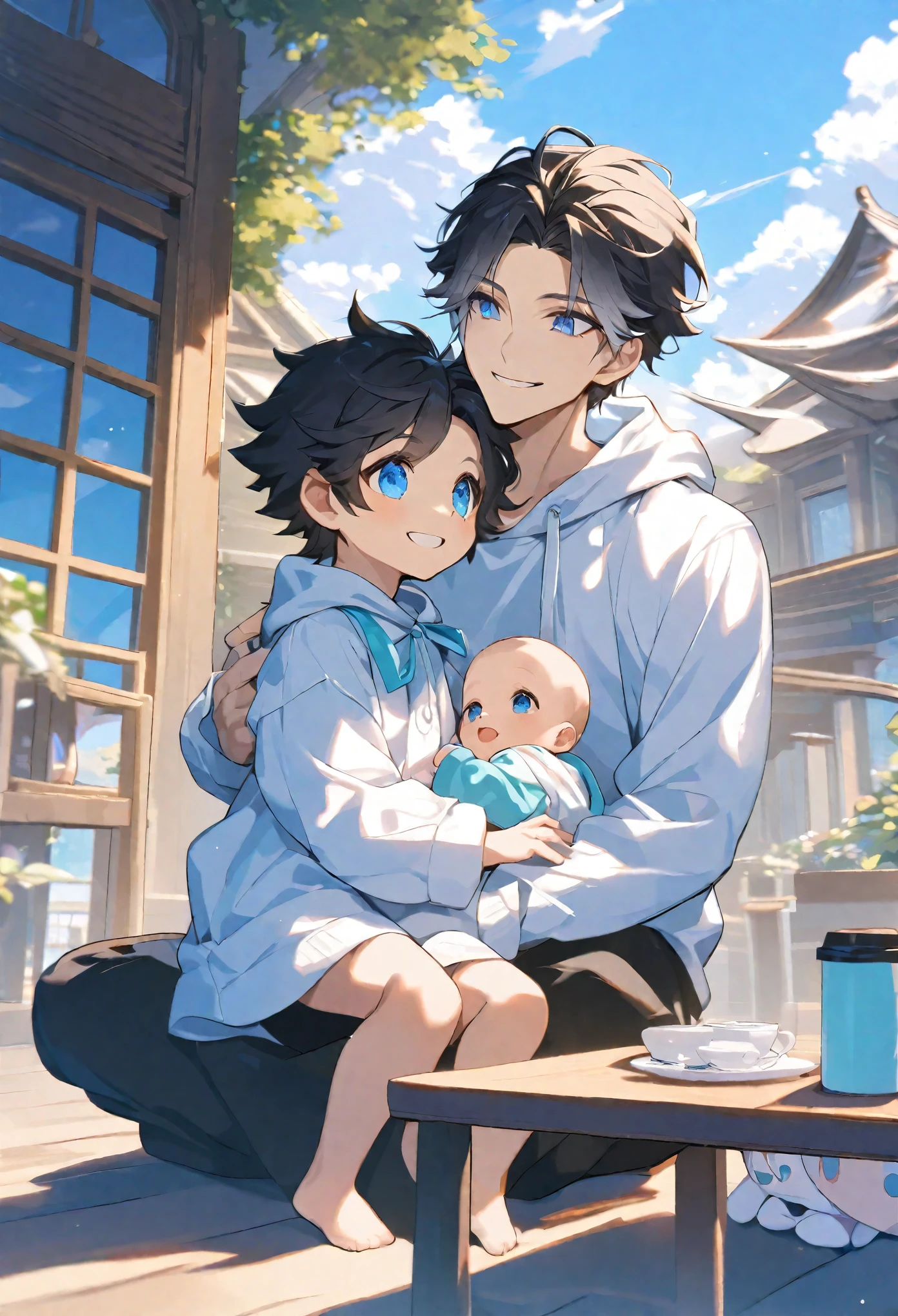 alone, elegant, adult,1 man, (30 year old man) ,Hugging the twins, short hair, black hair, Half and half, blue eyes, details, white shirt, Drink coffee,coffee cup,Coffee table, Hood, The father, Baby, Cute baby, Children's clothing, Two siblings, smile ,,boy, boyอายุ 2 ขวบ , full body, sit, Dynamic angle, black hair, court, 3yo, black hair, daytime, Clear sky, smile, Wearing a white hoodie, blue eyes, The composition should express a blend of innocence., The background should be eye-catching.,boyอายุ 2 ขวบ, full body, sit, Dynamic angle, white hair, court, 3yo, white hair, daytime, Clear sky, smile, Wearing a white hoodie, blue eyes, The composition should express a blend of innocence., The background should be eye-catching.,