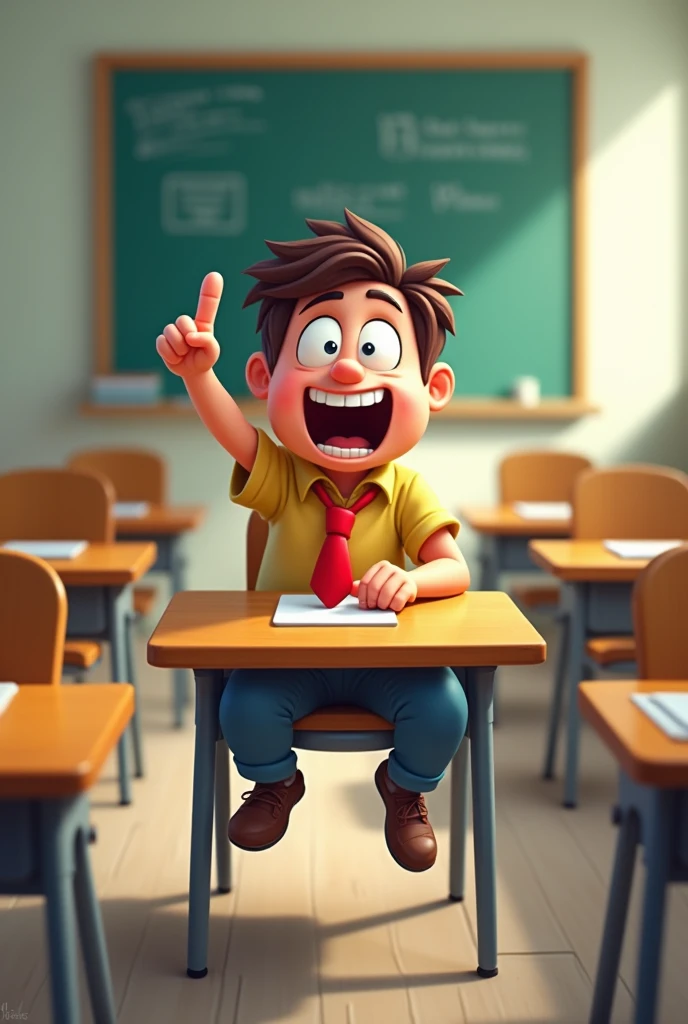 sits on the desk in the classroom and shows the outstretched middle finger, cartoon style