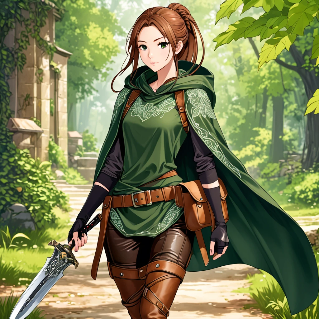 A slender, agile young woman with long, flowing chestnut hair tied into a high ponytail adorned with a simple leather band, wearing a practical yet elegant outfit consisting of a fitted, dark green tunic with intricate leaf embroidery, sturdy brown leather pants, knee-high boots with reinforced soles, and a lightweight, hooded cloak that drapes gracefully over her shoulders, complemented by fingerless gloves and a utility belt equipped with pouches and a small dagger.

