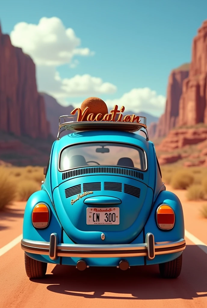 Rear of a 1973 blue Beetle,
Traveling through the Grand Canyon in the USA,
with written logo "vacation" Na parte de cima.
With wide mode view.
With California plate.