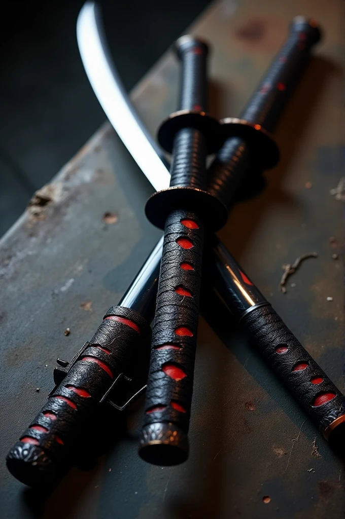 Katana with black blade and black dagger with red detail