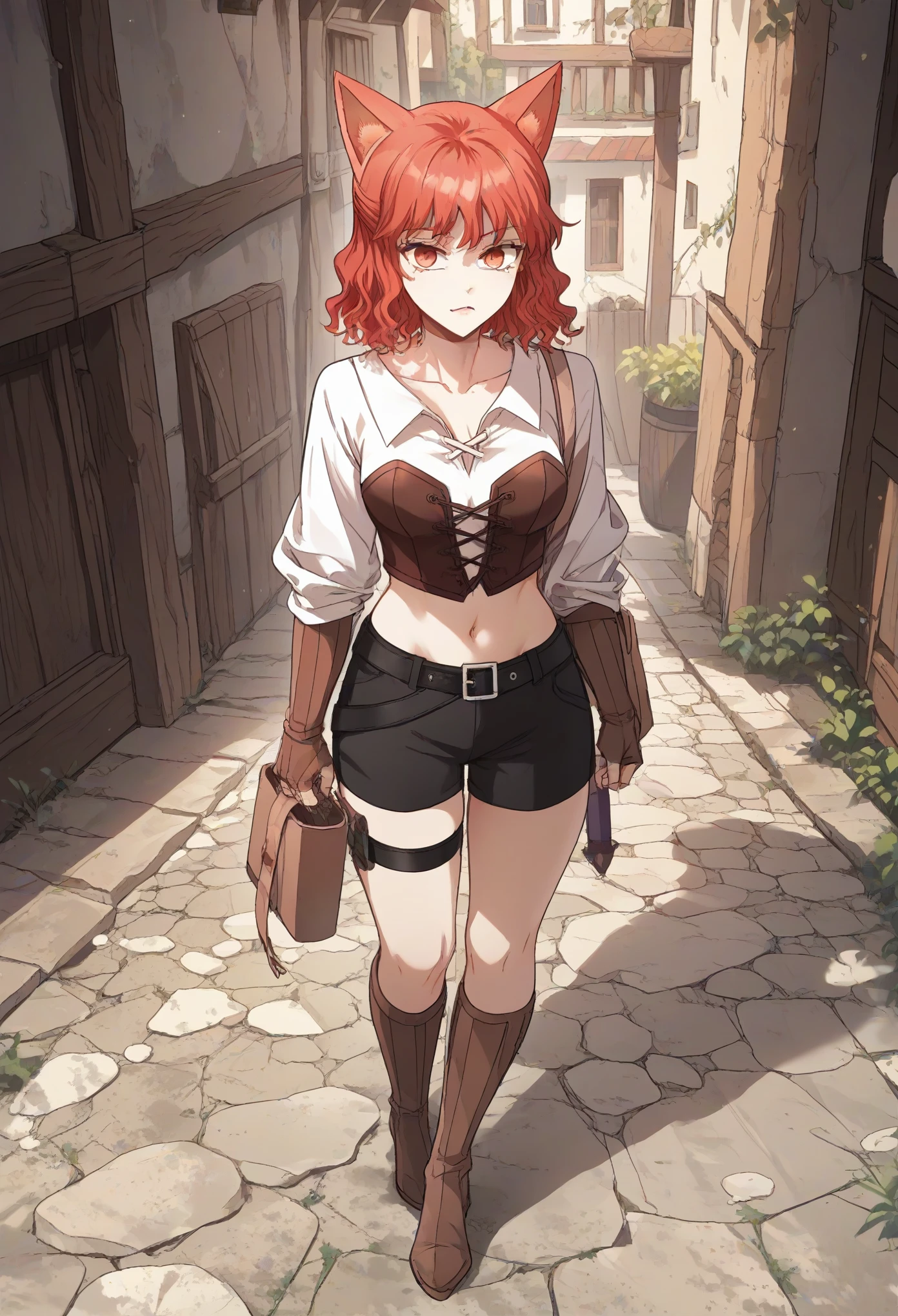 MisshaKarlstein, cat woman, red eyes, red hair, short hair, wavy hair,full body,top tank,shorts,midriff,navel