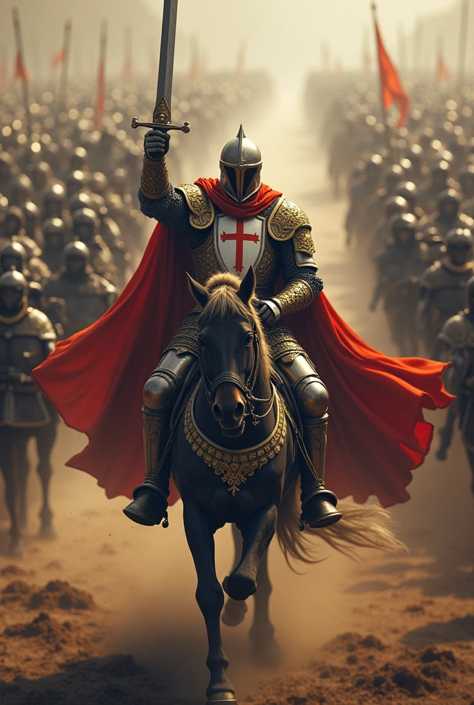 knight, Red Cape, Armor with many gold and white decorations, Cross on chest, Riding a war horse, Raise your sword, Running on the earth, knightの軍勢, Demonic army, Inverted triangle formation, To confront, wide shot, from above