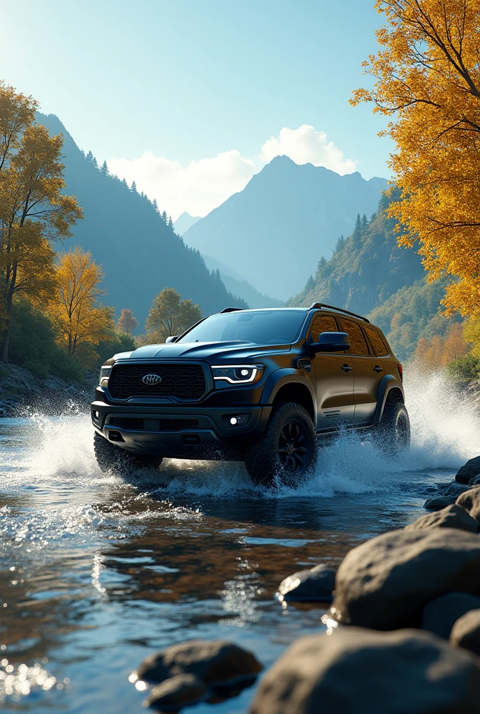 An SUV crosses a river. There were a few trees with slightly yellow leaves and mountains in the distance, but most of the leaves were still green. The Angle of the car is sideways or oblique, and the airflow turning the wheel makes some splash