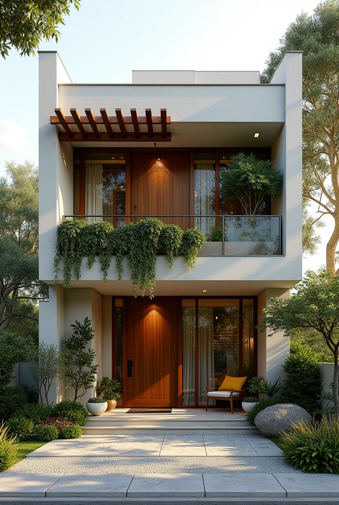 1. Style:with touches of the classic.

2. Improve security, without closing the front too much (Wall). . Trazer elementos naturais como Wood, vegetation, stones etc.

3 4. Give more volume to the facade and/or sensation of volume.

6. Monica appreciates: pergola, gram, plants, glass, Wood, stones, more neutral overall tones, with contrasting points, a mix of coziness and sophistication etc..