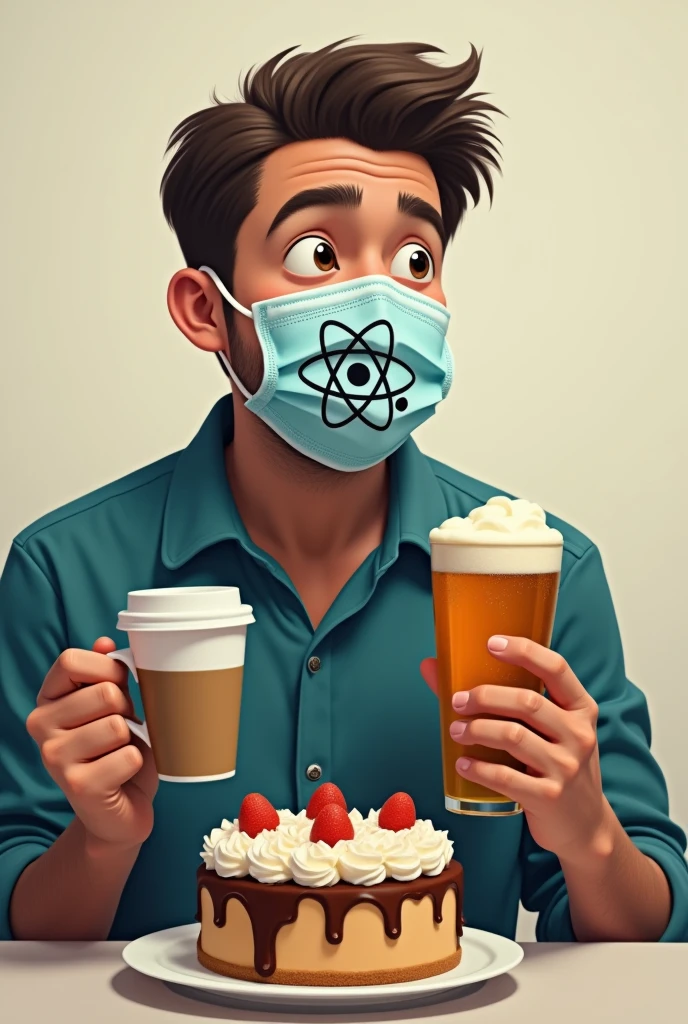 Draw a man with a surgical mask with an atom symbol on the mask, coffee in one hand, beer in the other and a cake in front