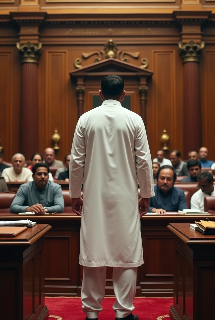 Standing Position Cirminal Political Leader Who Wear White Kurta And Opposition Leaders Sitting In Parlement Blaming Bad Accuse In Parlement Photo