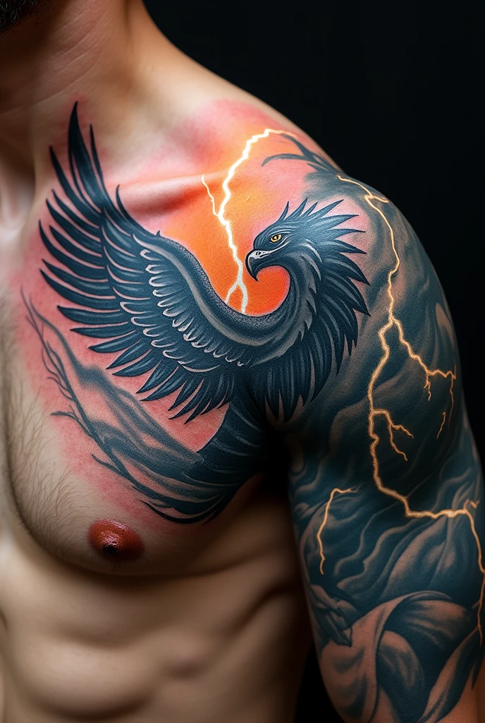 A tattoo design with a wing on outer layer and lightnings behind of it on right shoulder 