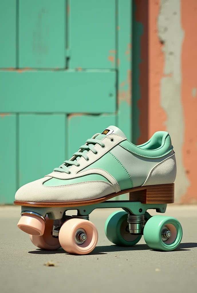 An 80s style shoe, with pastel shades like green and lead, low reed. Leather and suede materials, with an urban background, that the image looks like an advertisement from the 80s in shades. Next to accessory wheels for you to turn skates