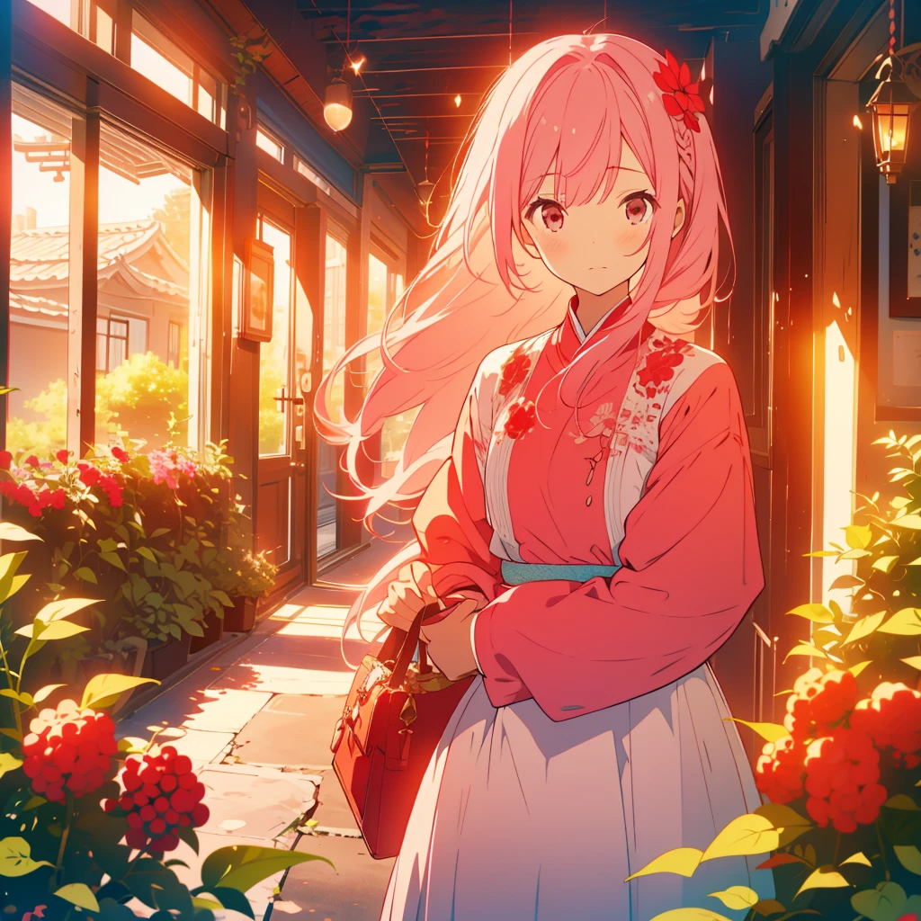 Red currant、Light pink hair girl、Bad mood、Morning sunshine、garden