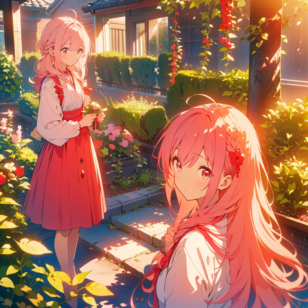 Red currant、Light pink hair girl、Bad mood、Morning sunshine、garden