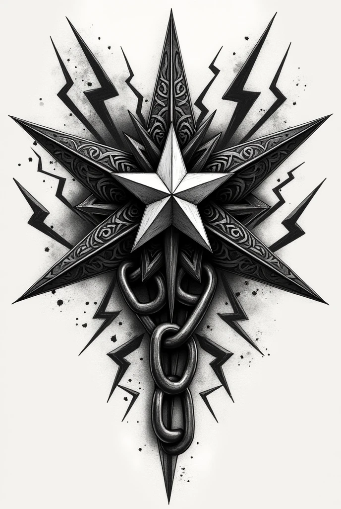 a star knee tattoo design with lightnings and chains around it