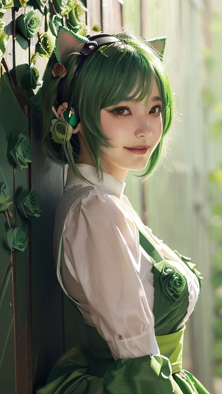 (Emo art:1.6), masterpiece, 4K, Bokeh, high school girl, Beautiful Face,  (Cat ear:1.3), (Green Hair:1.6) , (Japanese Idols:1.6), Blushed, (Green maid costume :1.4), Looking at the audience, close, 
 (Green background :1.4), ( A wall of lots of green roses:1.6),Cute smile