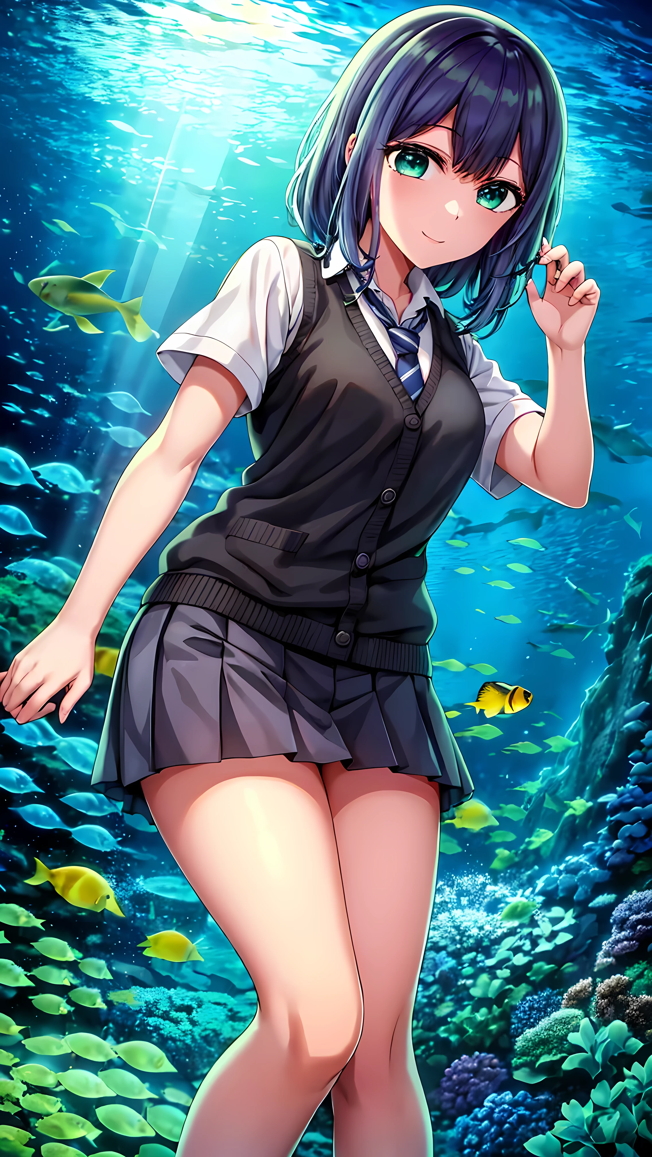 akanekurokawa, akane kurokawa, bangs, (Green Eyes:1.3), Blue Hair, Medium Hair, dark Blue Hair,
BREAK shirt, school uniform, White shirt, tie, Collared shirt, Best, Blue tie,
BREAK つやのある瞳, Beautiful Eyes, Enchanting, Erotic, Glowing skin、
BREAK outdoors,
BREAK looking at viewer, (whole body:1.5), smile,Composition from below, Thighs, sexly,
BREAK (masterpiece:1.2), Highest quality, High resolution, unity 8k wallpaper, (figure:0.8), (Beautiful fine grain:1.6), Highly detailed face, Perfect lighting, Highly detailed CG, (Perfect hands, Perfect Anatomy)
BREAK ((masterpiece,Highest quality)), Super detailed, Shine, shine, Ray Tracing, (Perfect Face, Detailed face, Fine grain, Perfect hands, Perfect Fingers:1.5), HD, Super cute face, Highest quality, Super detailed,
BREAK Shine目, (highest quality realistic illustrations), (Super fine), (Cute illustrations:1.3), (High chroma:1.3),
BREAK 詳細な美しい顔と目, Dynamic lighting, (Very delicate and beautiful),
BREAK (Nice hands), (Perfect hands:1.4), Highly detailed illustration, Super cute and beautiful, Highest quality, Slender, ,ベビーフェイス
BREAK (aquarium:1.2), (Complex background, There are many elements in the background:1.2), ((Super detailed background)), ((8K wallpaper)),