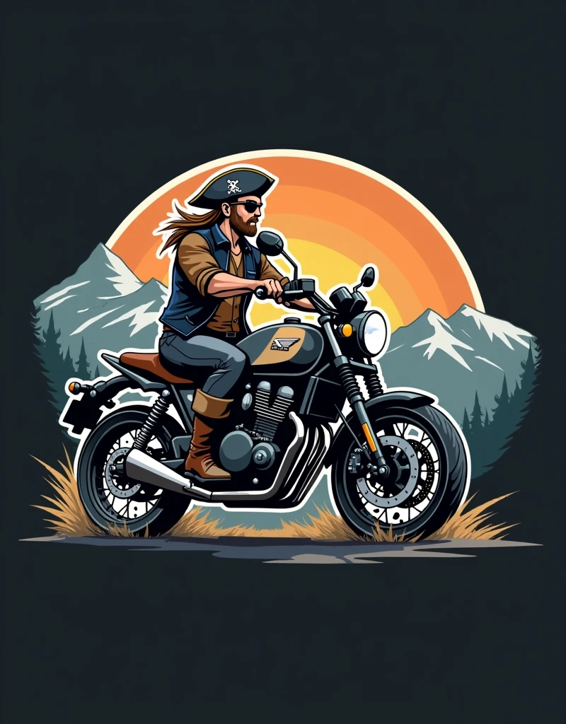 ((logo with white border:1.5)), ((Honda NC750X model year 2024 :1.5)) , ((trail bike with suitcases:1.5)), ((pirate driving motorcycle)), (((crear un logo with white border de un pirata manejando una honda NC750x))), mountains background
