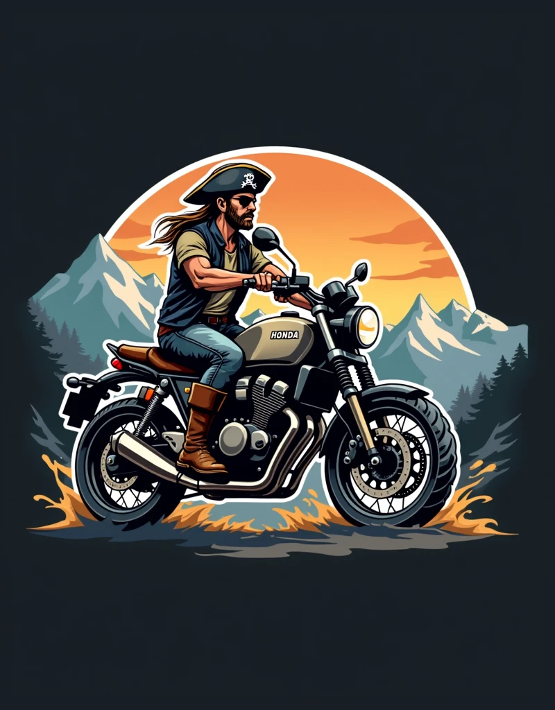 ((logo with white border:1.5)), ((Honda NC750X model year 2024 :1.5)) , ((trail bike with suitcases:1.5)), ((pirate driving motorcycle)), (((crear un logo with white border de un pirata manejando una honda NC750x))), mountains background
