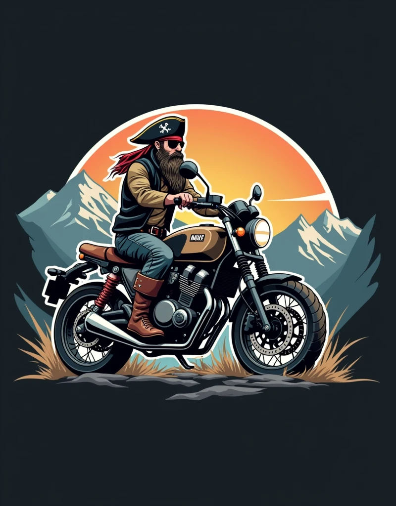 ((logo with white border:1.5)), ((Honda NC750X model year 2024 :1.5)) , ((trail bike with suitcases:1.5)), ((pirate driving motorcycle)), (((crear un logo with white border de un pirata manejando una honda NC750x))), mountains background