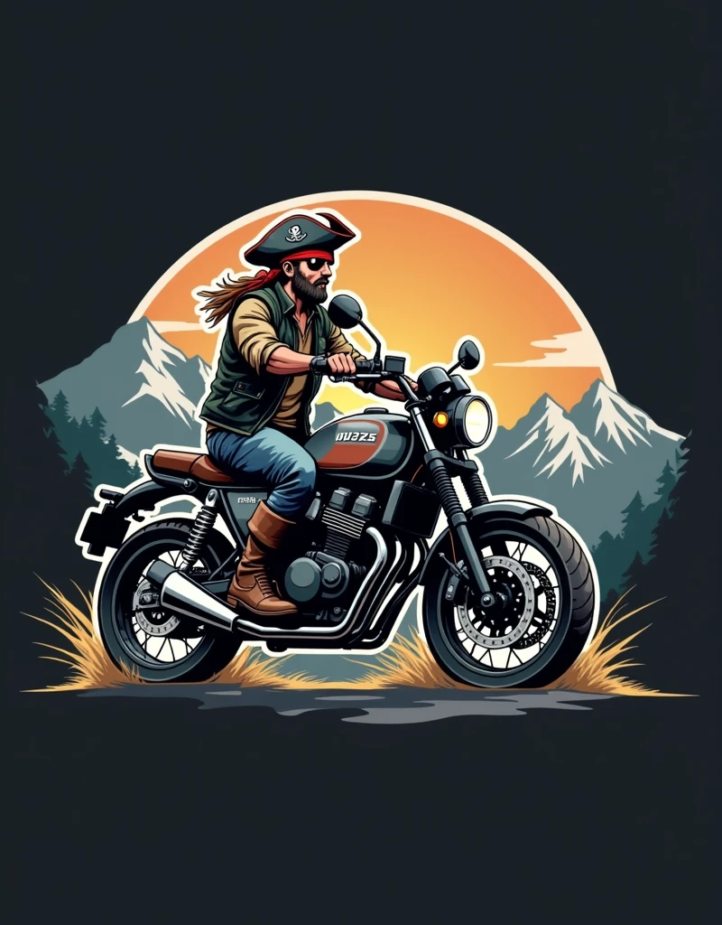 ((logo with white border:1.5)), ((Honda NC750X model year 2024 :1.5)) , ((trail bike with suitcases:1.5)), ((pirate driving motorcycle)), (((crear un logo with white border de un pirata manejando una honda NC750x))), mountains background