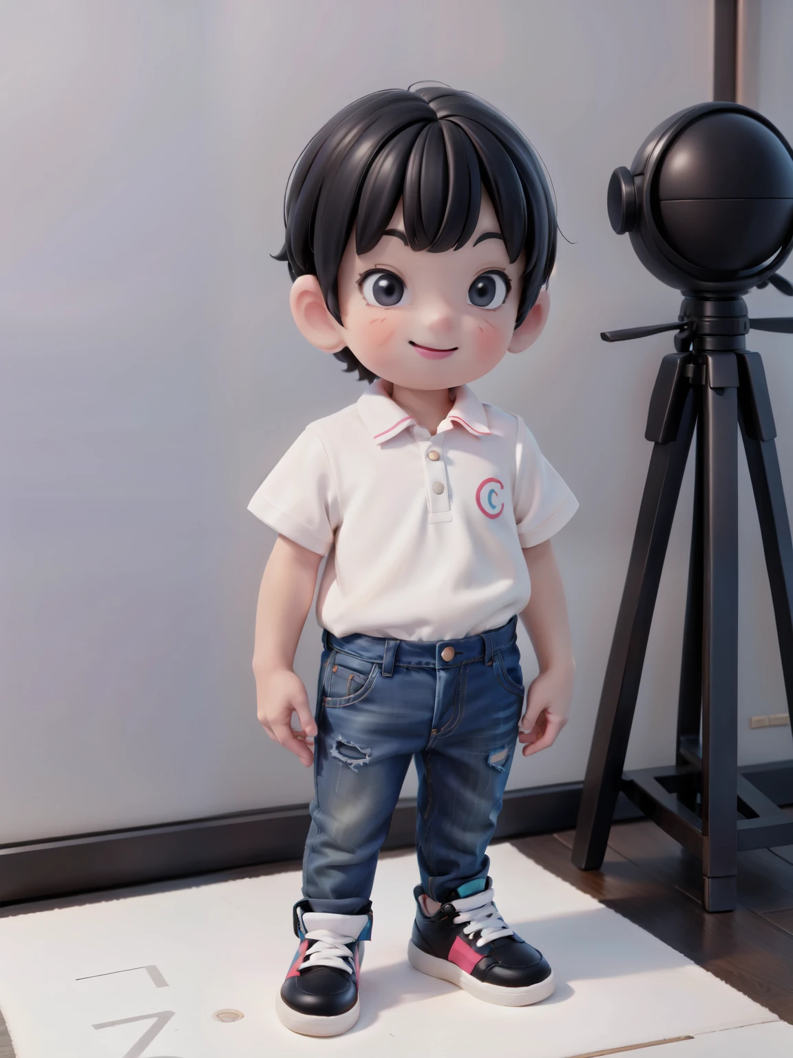 a (boy) smiling, polo shirt, jeans, shoes, stand up, no background
