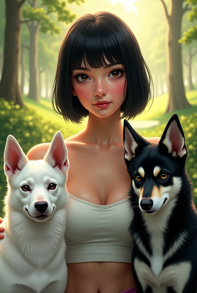 Young American woman with short straight black hair and white skin with 2 dogs, One English bull terrier breed, completely white and with only one black ear and another black Calupoh wolfdog breed