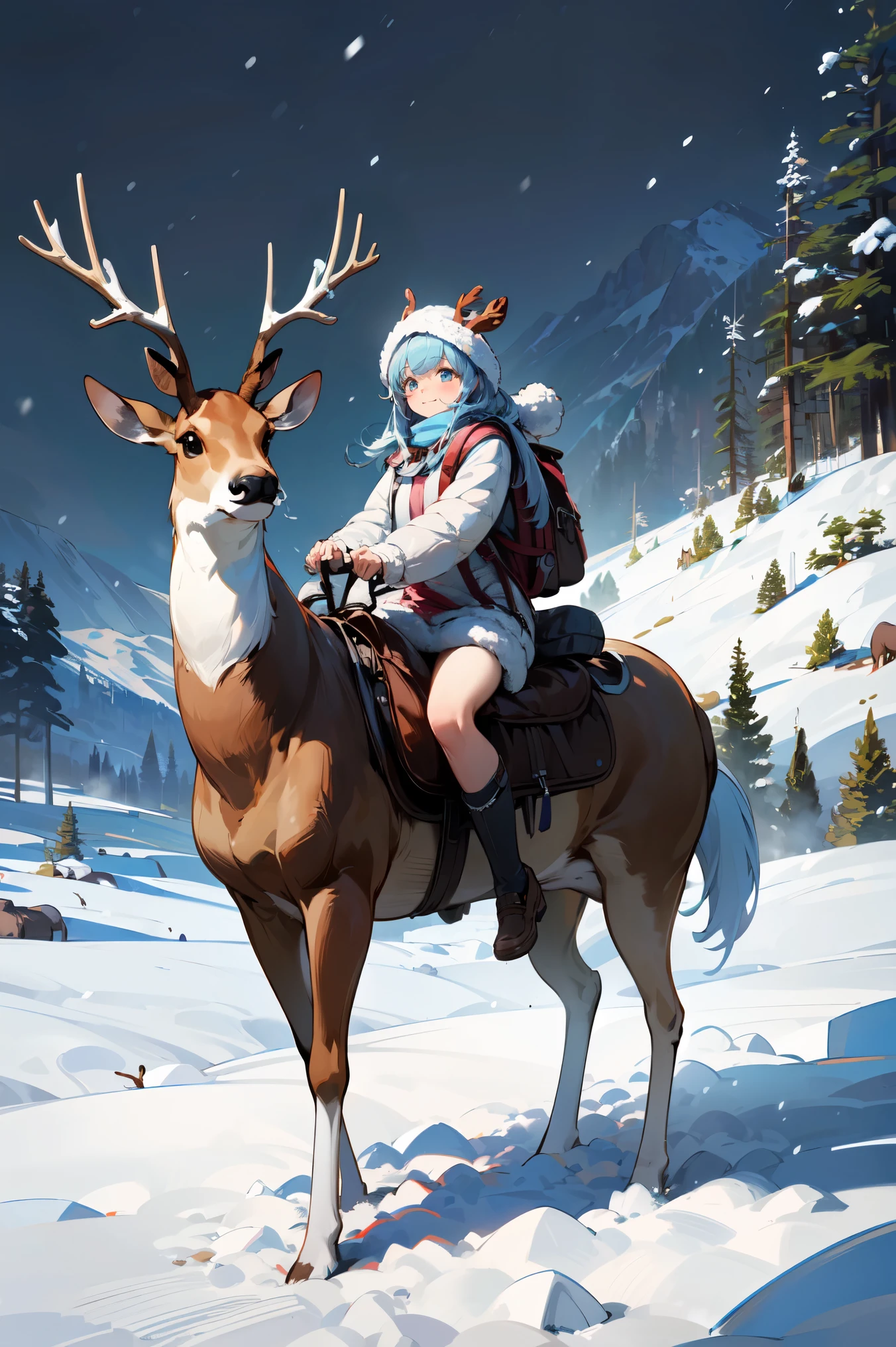 (masterpiece, best quality:1.3), 8K, illustration, super detailed, highly detailed, (wide shot), 1girl and 1deer, light blue hair, long hair, wearing backpack, winter hat, (riding animal, deer), ((snow fall)), winter season, scenery snow mountain background, bright color, absurdres