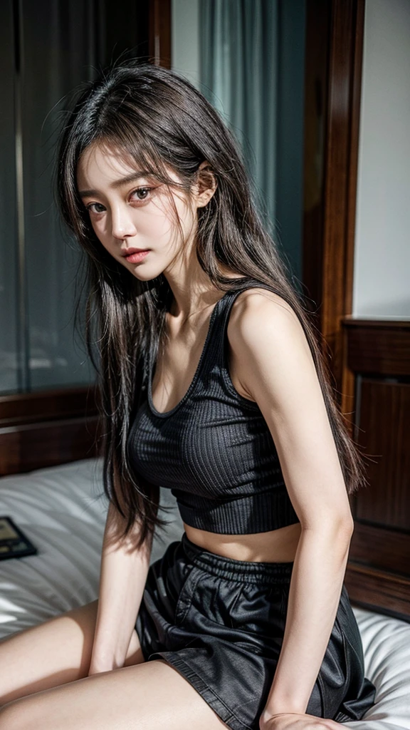 a close up of a woman in a black top and pink skirt, gorgeous young korean woman, gorgeous chinese model, open v chest clothes, beautiful south korean woman, korean girl, beautiful asian girl, she is wearing a black tank top, black top, beautiful young korean woman, japanese model, chinese girl, asian girl, an asian woman, wearing a cute top, wearing a glasses, wearing shorts